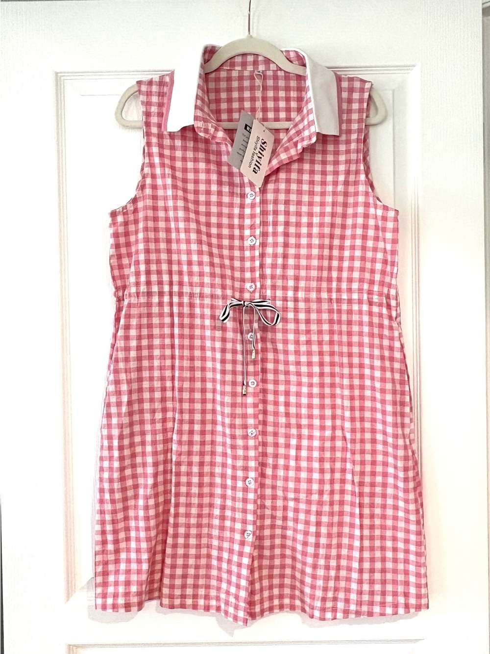 The Perfect Summer Sleeveless Pink Gingham Button-Front Dress with White Collar